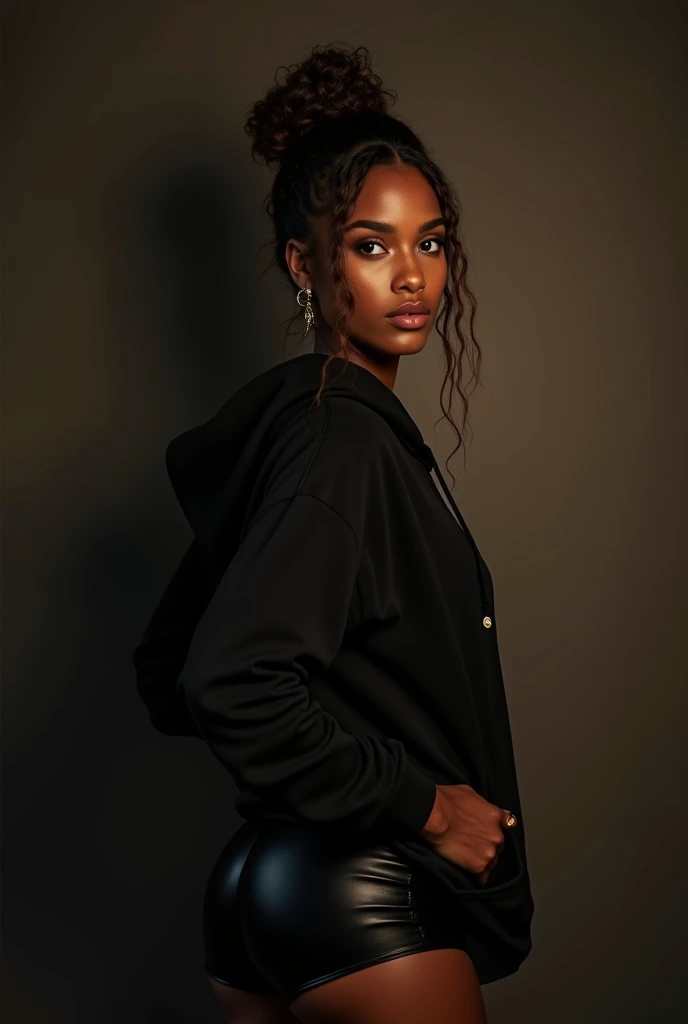 a black woman with hair in a bun, wearing a black hoodie and black leather short shorts, being fucked in the ass by an old grandma in a dress, ultra-detailed, hyper realistic, cinematic lighting, dramatic shadows, beautiful detailed eyes, beautiful detailed lips, extremely detailed face and skin, high quality, award winning photography, dark and moody, deep contrast, warm color palette