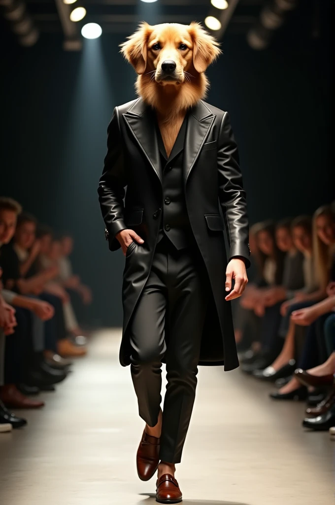 A cinematic fashion show featuring a figure wearing a black leather jacket, brown shoes and dark pants. The figure should be low and have the head of a cute golden retriever, confidently walk the runway. The background should have dramatic lighting and the audience sitting on the sides watching the show.