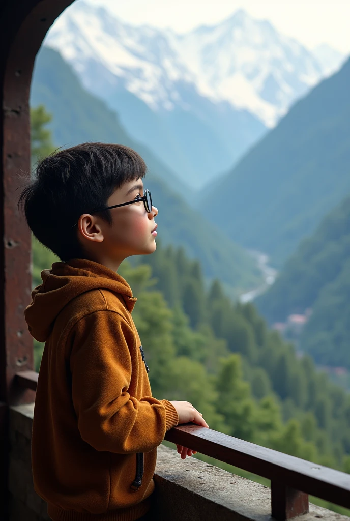 A boy wearing glasses half body back standing on the balcony and his hand on balcony  and seeing the beauty of mountains of Kashmir 