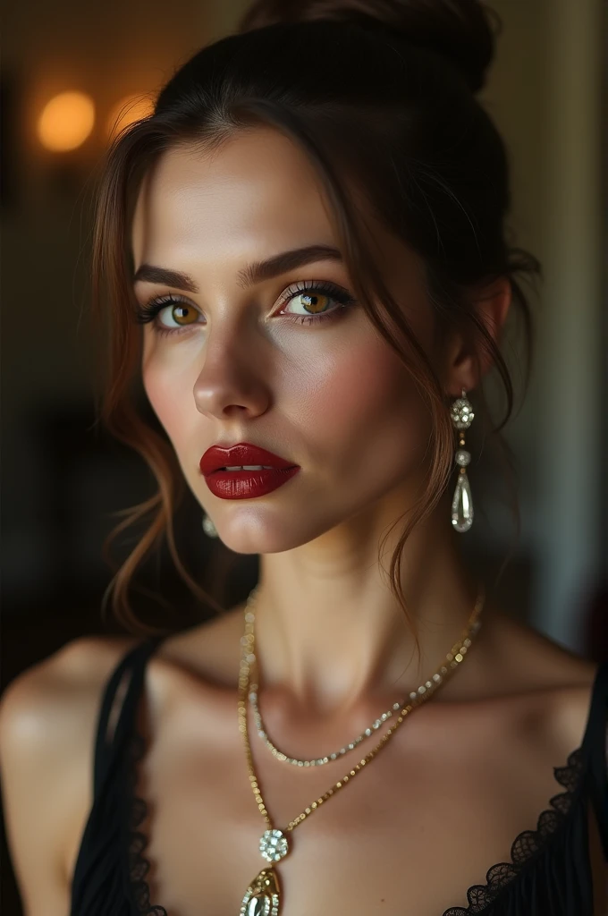 (Please open your mouth wide:1.9), (Semen-covered .:1.8), (Frightened expression:1.5), (A look of contempt:1.5), Luxury hotel interior, Browsing Caution, masterpiece, Highest quality, Accurate, 超High resolution, retina, Very detailed, Awards, High resolution, Anatomically correct, (Realistic:1.4), RAW Photos, (Soft Saturation:1.3), (Fair skin:1.2), 8k, 1 person, Mature adult woman, Beautiful evil, Evil and nasty sexy women, (Perfectly beautiful woman, A perfectly beautiful face, Perfectly beautiful eyes, perfectly beautiful nose, perfectly beautiful nose孔, perfectly beautiful lips), (Chestnut-colored hair tied on top of the head), (Compensate:1.3), (Eye Reflexes:1.3, Solid Circle Eye, Ring-shaped eyes, Sparkling eyes:1.2, Long eyelashes:0.7, Amber Eyes), (Crystal Earrings, Shiny gold necklace), (Captivating smile:1.4, Cruel smile:1.4), (dark red lips:1.3, Glossy Lips:1.5,Lip reflection:1.5), (clavicle, Cleavage, Huge saggy breasts, Silk dress:1.5), (Detailed texture of wrinkles on clothing:1.3), Looking at the audience, POV, Bukkake
