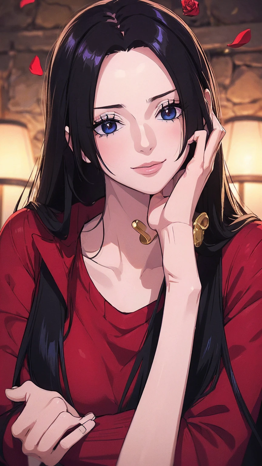 best quality, masterpiece, highly detailed,1girl, ((rose)), (vine), cage, bandage, red rope, (detail light), falling rose petals, Boa Hancock,, (masterpiece:1.5), Detailed Photo, Smiling,(8K, Photorealistic, Best Quality: 1.4), (1girl), Beautiful Face, (anime realistic Face), (Black Hair, long Hair: 1.3), Beautiful Hairstyle, Realistic eyes, beautiful detail eyes, (realistic skin), beautiful skin, (sweater), absurd, attractive, ultra high resolution, ultra realistic, high definition, golden ratio,