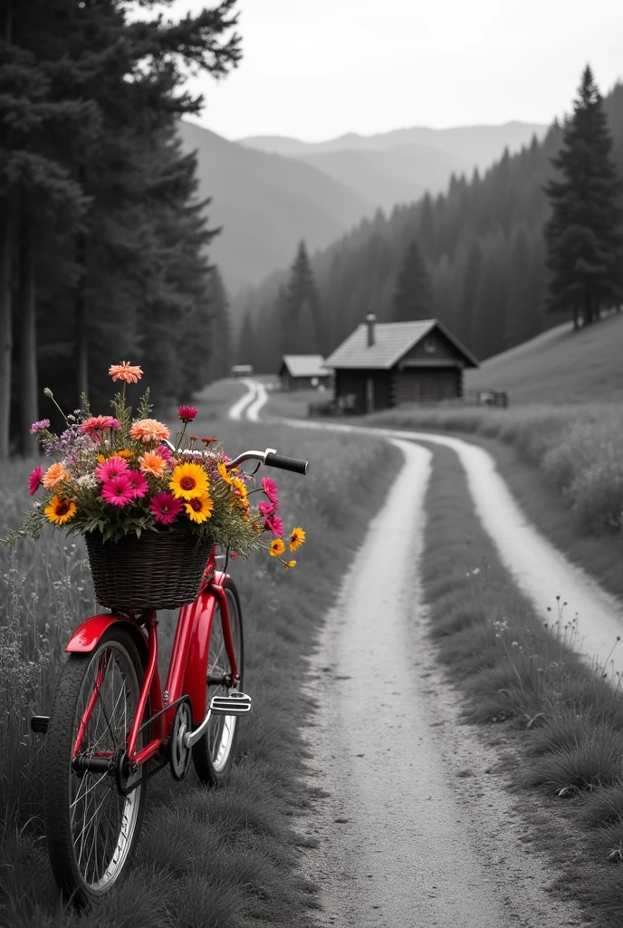 Black and white photo, road surrounded by forest, rural landscape, wooden houses, red bicycle with a basket of colored wildflowers close-up, amazing color contrast on black and white photo, HDR, beautiful wallpaper --ar 9:16