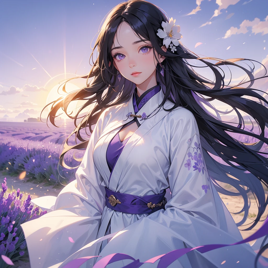 A beautiful girl with black long hair, wear white ancient chinese clothes, Stroll among the purple lavender fields , There are some floating clouds,, with the sun shining on her face, close up.