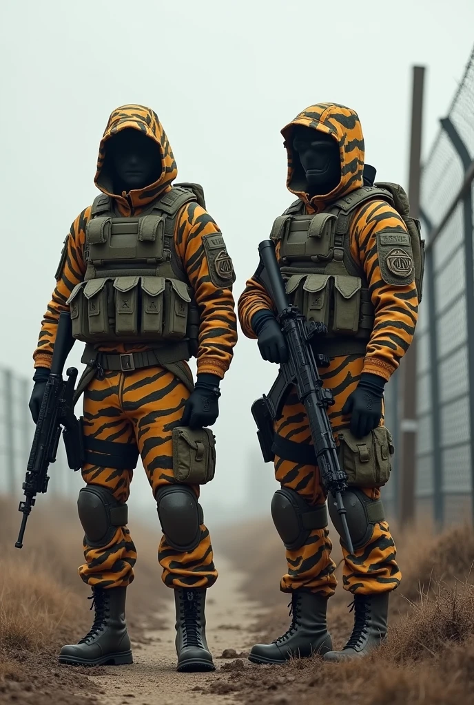Two troops stand together near the border fence. their uniform is same as Tiger's skin design