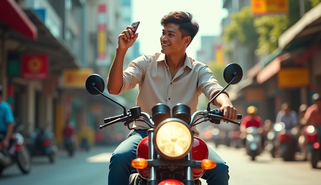 In the daytime, on the panoramic street of Thailand, a young Thai man sits on a motorcycle with a smile on his face, looking at his phone, with his right hand raised high and clenched into a fist, the headlights are very bright. Image size:16:9