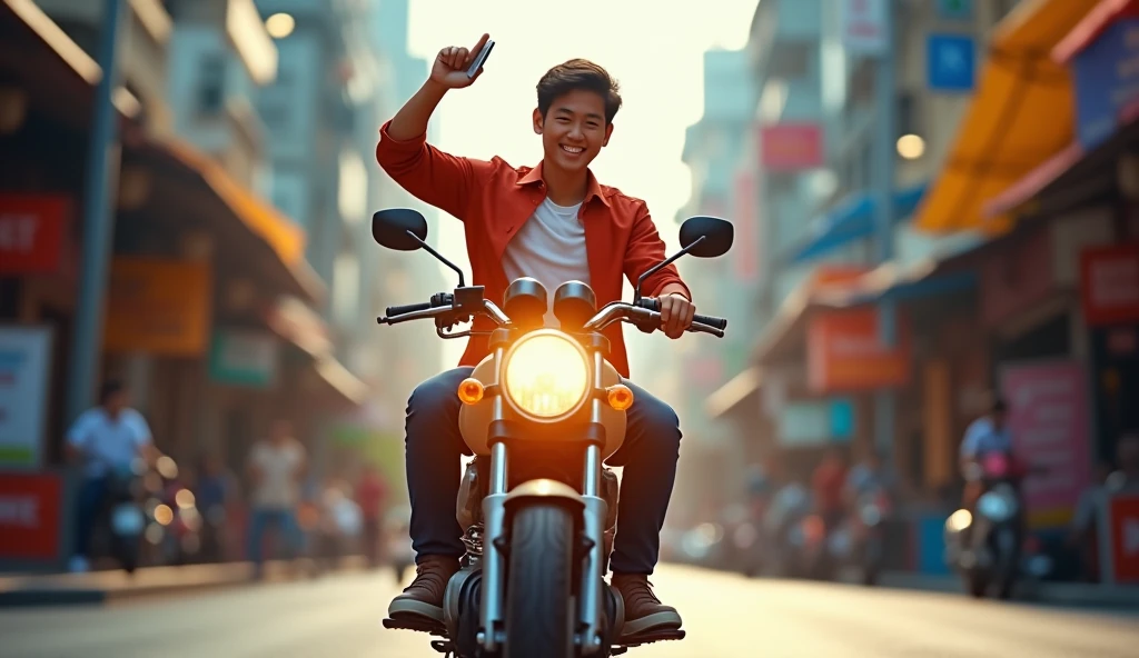 In the daytime, on the panoramic street of Thailand, a young Thai man sits on a motorcycle with a smile on his face, looking at his phone, with his right hand raised high and clenched into a fist, the headlights are very bright. Image size：16：9