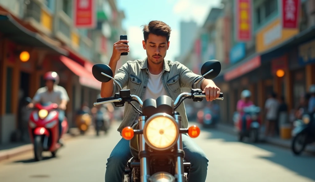 In the daytime, on the panoramic street of Thailand, a young Thai man sits on a motorcycle with a smile on his face, looking at his phone, with his right hand raised high and clenched into a fist, the headlights are very bright. Image size：16：9