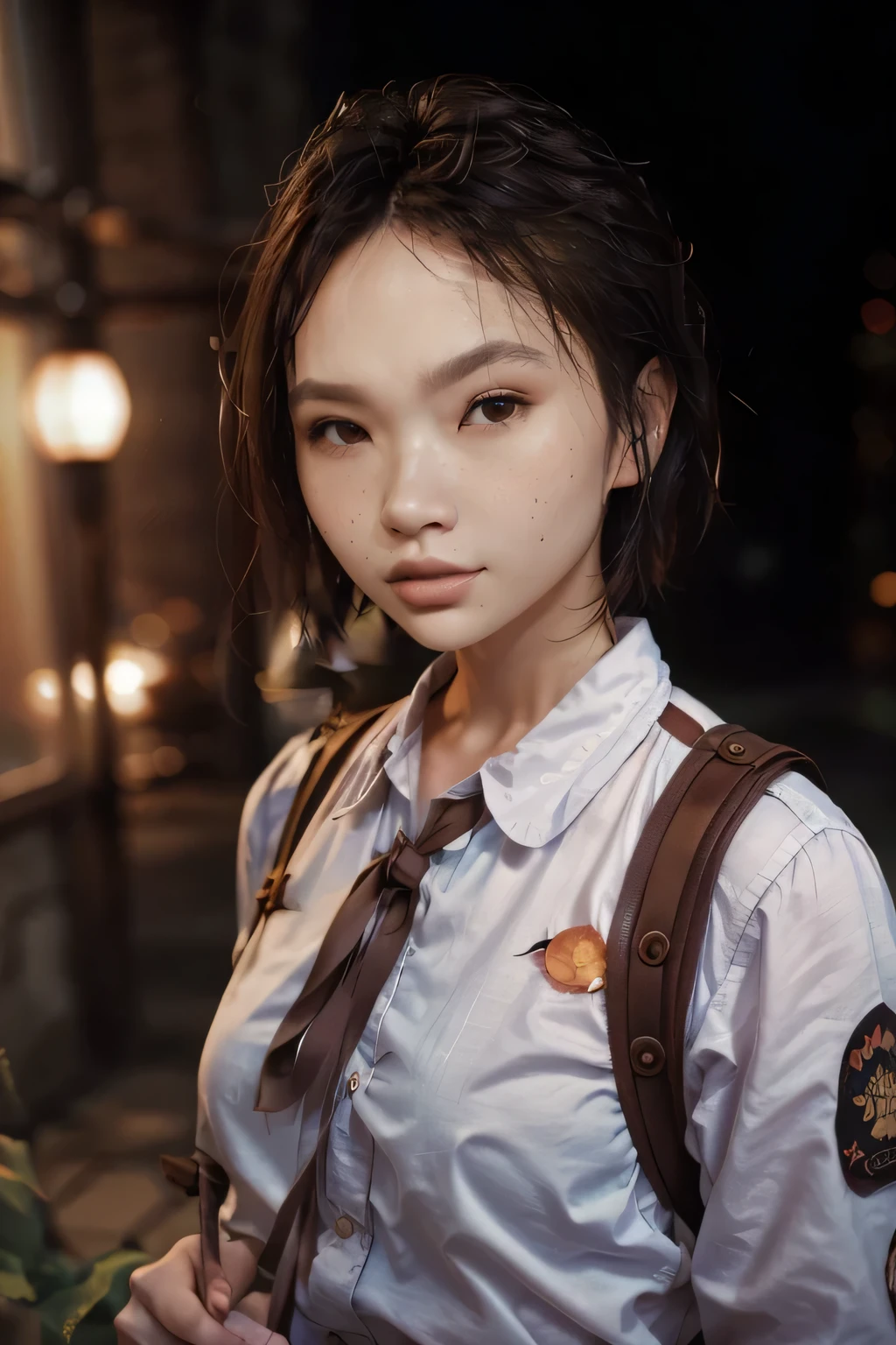 a beautiful japanese college girl with some freckles on her face inspired by hamada hideyaki shot by contax g1 with portra 800 film roll, ()), ,((intricate scenery)),(), ((sun rays)), ((front view:1.4)), 