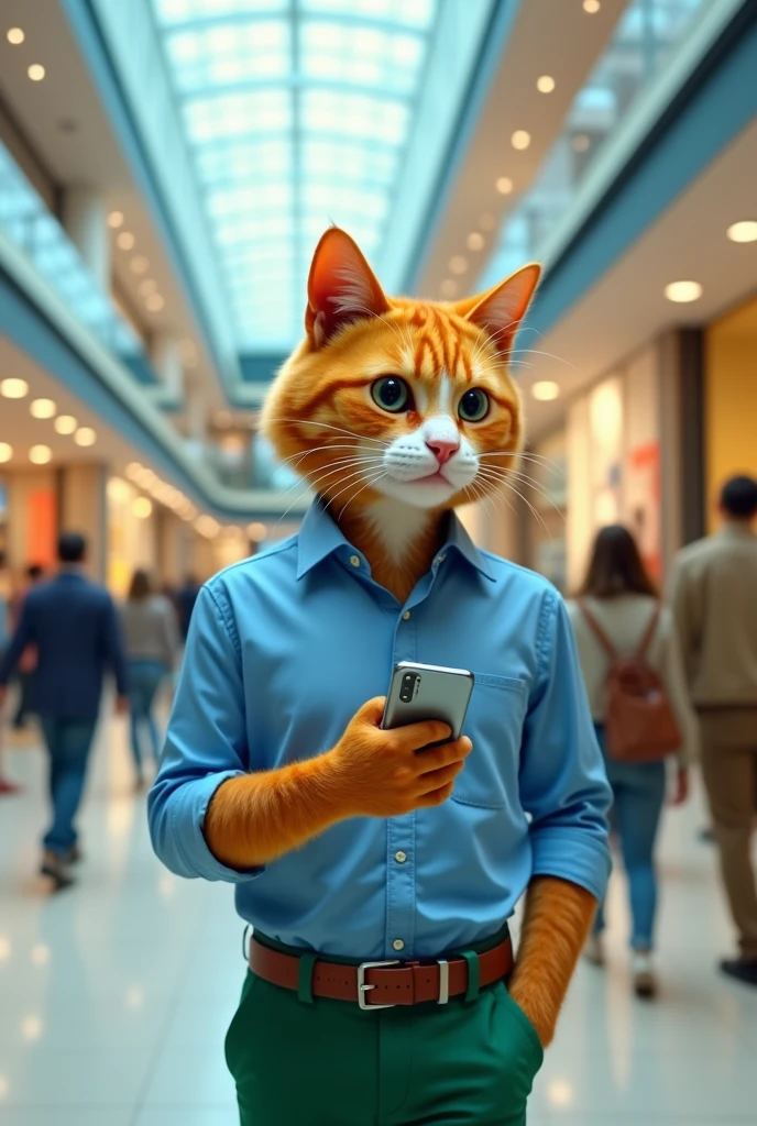 An orange cat father wearing a blue shirt and green pants buys a Samsung S24 Ultra phone in a shopping mall.