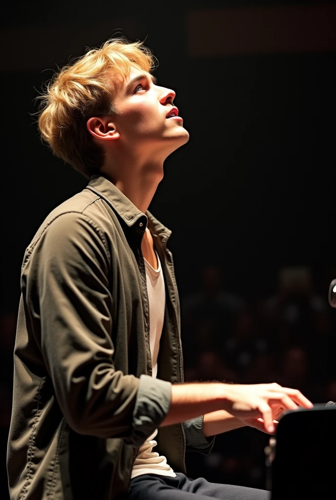 pianist　Performing　male　30th Generation　Blonde　 shirt　Open-neck jacket　Look up