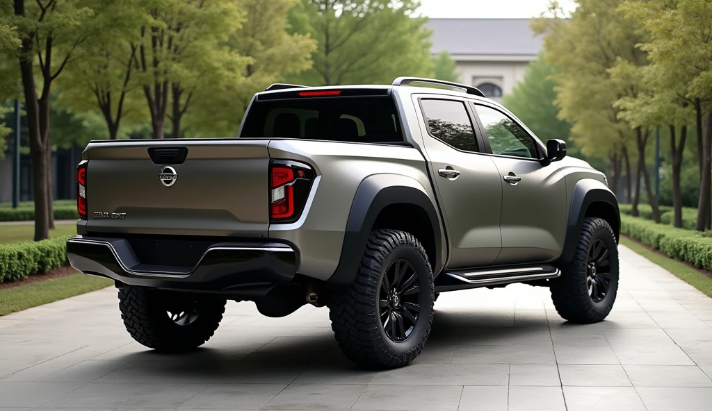 showroom park a nissan off road truck with modern electric car design, double cabin, image luck like real and room note a luxury, ((Shot from behind))