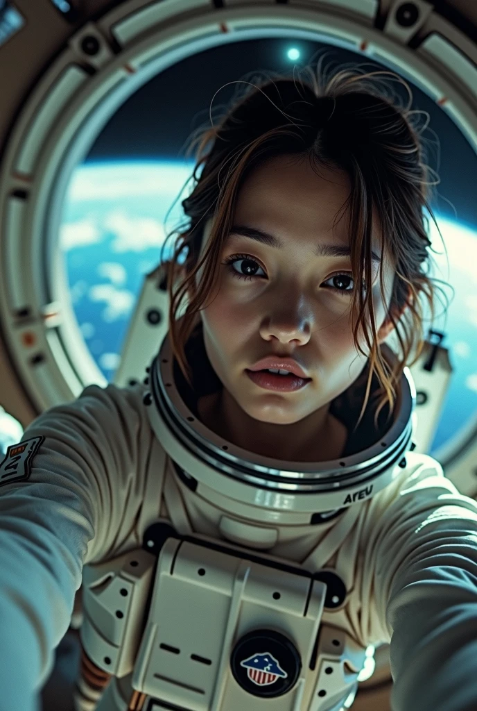 Prompt:
(best quality, masterpiece, photorealistic, raw photo:1.2), (Flash Photography:1.2), 1girl, (night:1.2), (overexposure), high contrast, film, film grain, polaroid photo, shallow depth of field, small breasts, soft-focus, galaxy, in spacecraft, selfie, earth \(planet\), planet in background, porthole in space, spacesuit