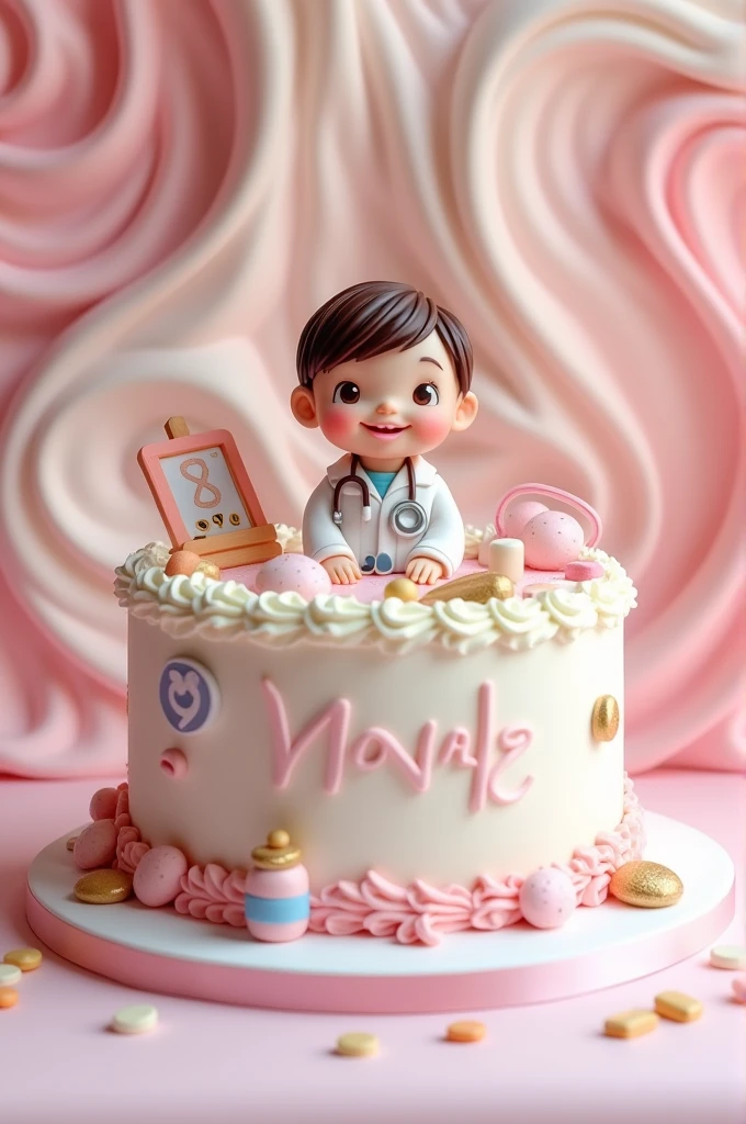 A pink and white cake with doctor theme for 1year old baby girl amed Manha