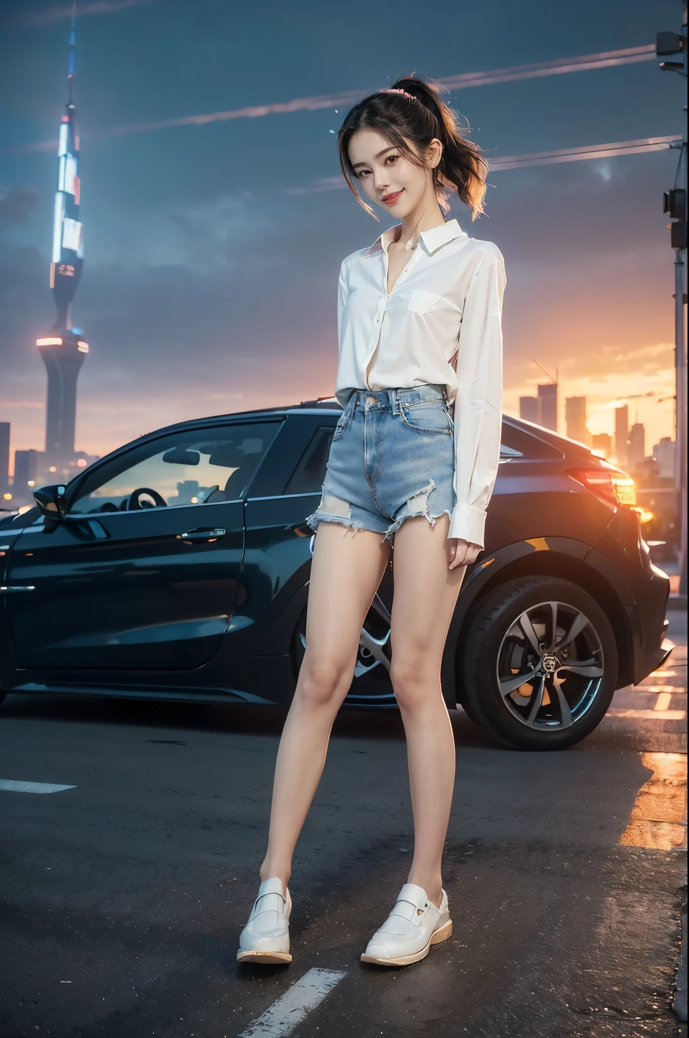 (((best quality))),(((ultra detailed))),(((masterpiece))),illustration,((1 beautiful girl,solo)),((short half ponytail,short hair)),(fair skin:1.3),(detailed eyes:1.3),(smile:1.3),((slim,thin)),((small breasts,flat chest)), (oversize white collared sleeved shirt:1.3), (micro denim shorts:1.2),(slender legs:1.2),(white loafers:1.2),(standing:1.3),((vibrant colors, soft glow)), (active and healthy lifestyle,youthful charm),((on the street,cyberpunk city, towering skyscrapers)),(warm sunset glow:1.3),(detailed background:1.3),((vivid neon signs, holographic advertisements, electric atmosphere)),(outdoor:1.3),((summer,dusk scene)),((from front,full body))