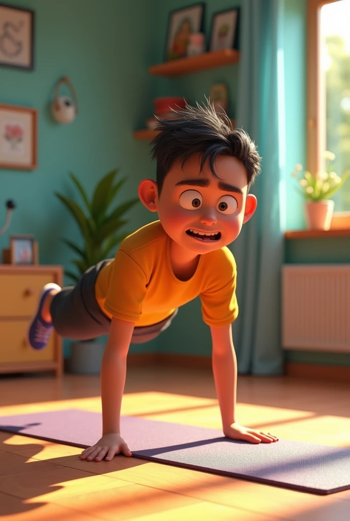 Max, a young and enthusiastic character on a yoga mat, attempting a difficult yoga pose but falling awkwardly and clutching his back in pain, colorful home gym background, wide-angle shot, Stylized 3D Animation, hyper-realistic, photo realism, cinematography."