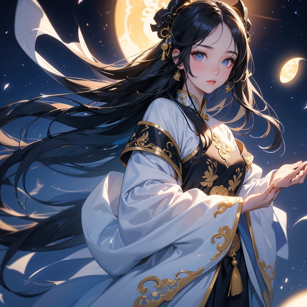 A beautiful girl with black long hair, wear white ancient chinese clothes, with the sun shining on her face.
Background is a dark night, with moonlight and millions of stars, twinkling everywhere, with blue light