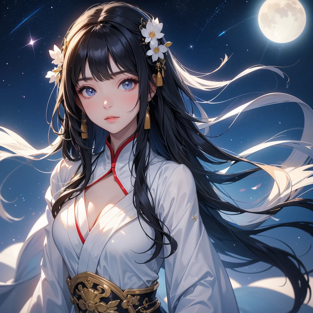 A beautiful girl with black long hair, wear white ancient chinese clothes, with the sun shining on her face.
Background is a dark night, with moonlight and millions of stars, twinkling everywhere, with blue light
