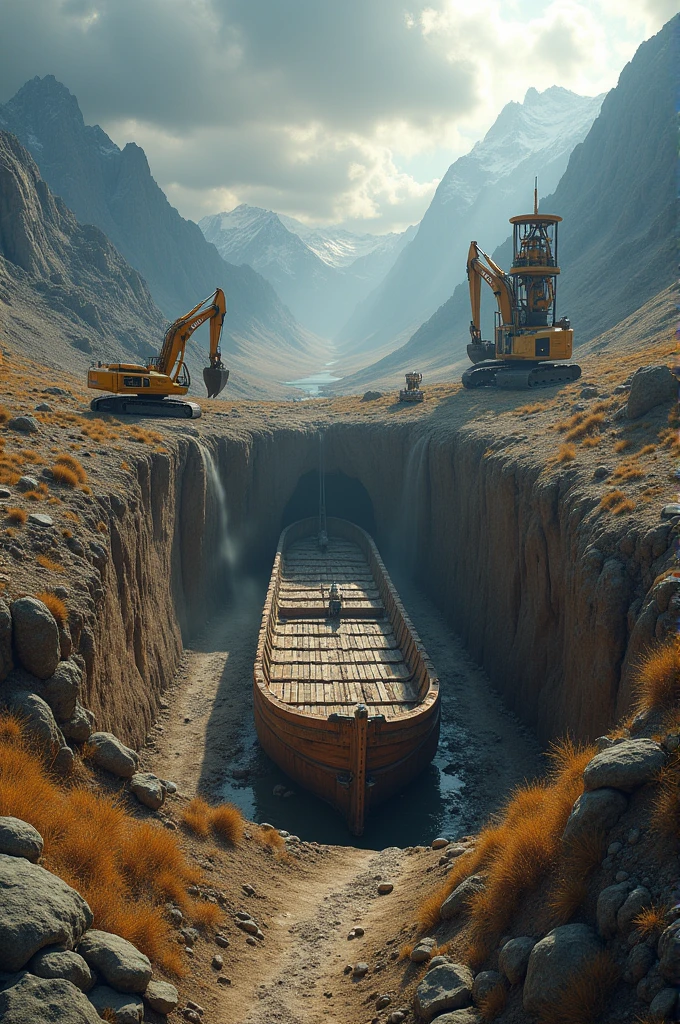 Machines digging the ground and discovering Noah's Ark