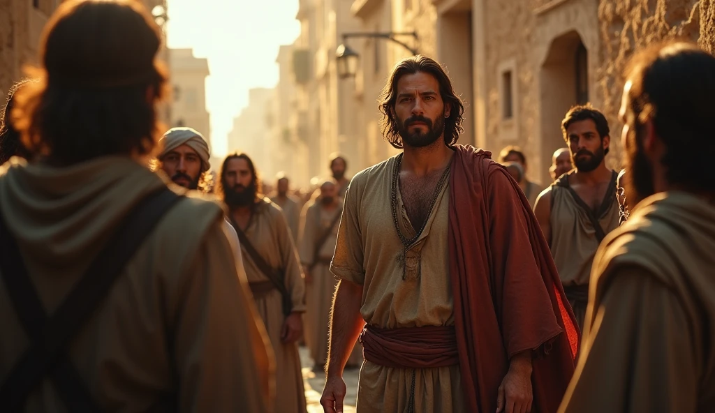 peter (biblical character) being cowardly in the face of the men who ask him if he knows Jesus, and he says he doesn't know.
a feição de peter, It's very scary, peter é  adulto, it is strong. Nesse contexto, medium-haired, cerca de 1,70m, Your clothes are a bit worn, and the setting is in Jerusalem at dawn
and the men's faces are evil.