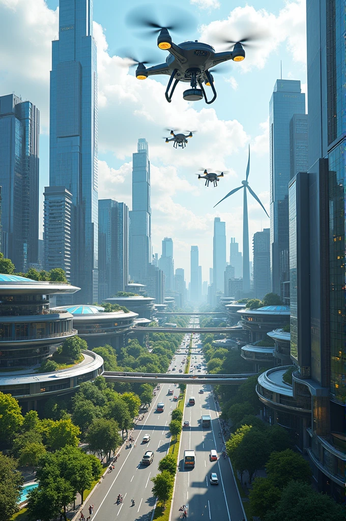 metropolitan cities images, include Solar energy, Wind power, drone