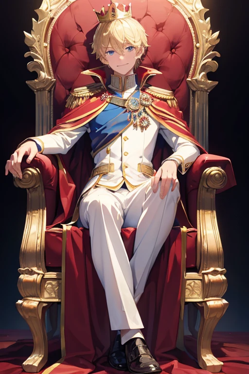 masterpiece, Highest quality, Very detailed, 16K, Ultra-high resolution, Perfect Fingers, Detailed face, One Boy, blue eyes, Blonde, smile, Red Cape, Luxurious clothes, crown, royal palace, Sitting on the throne