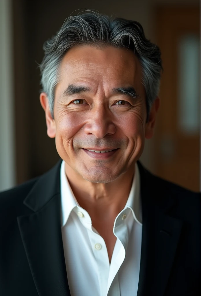 Portrait of handsome man 50 years old round face cinematic appearance、black hair、Brown jacket、White button-down shirt、kindly smile、Photography, Male perfection,  Black eyes, Hyper realistic, 8K - V 4、50-year-old dandy gentleman、Gentle eyes、Gray hair、Looking straight ahead at the camera、Gentle expression