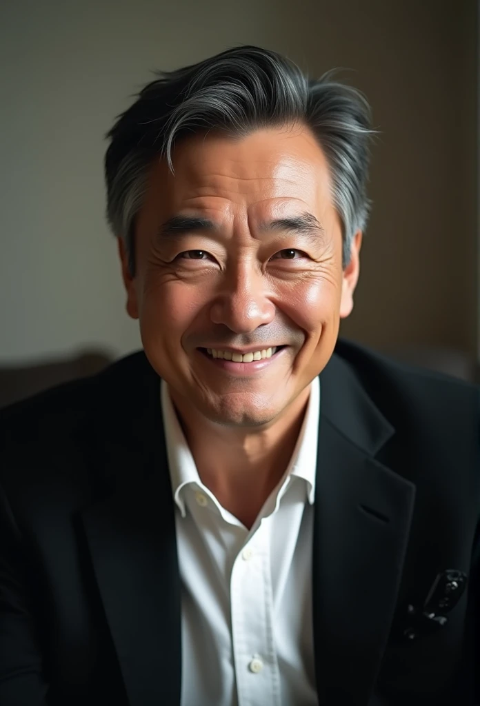 Portrait of handsome man 50 years old round face cinematic appearance、black hair、Brown jacket、White button-down shirt、kindly smile、Photography, Male perfection,  Black eyes, Hyper realistic, 8K - V 4、50-year-old dandy gentleman、Gentle eyes、Gray hair、Looking straight ahead at the camera、Gentle expression