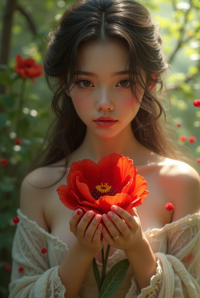 Larki ke hant men red flower