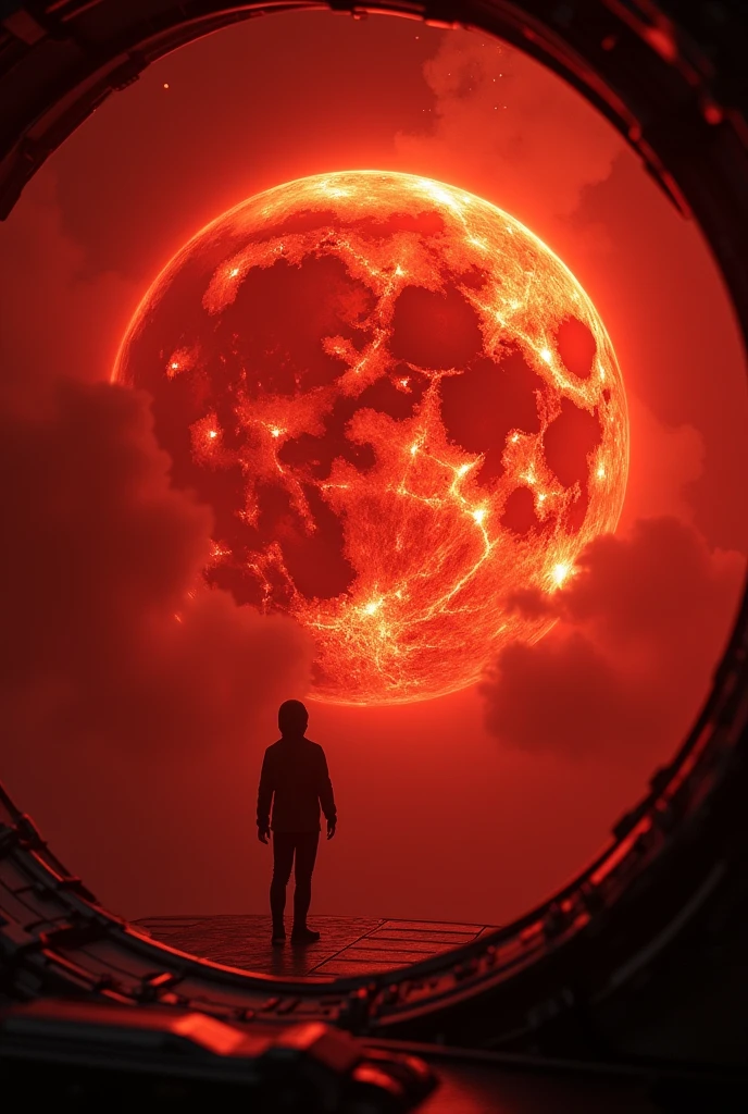 want to create a picture best for wallpaper,in this picture there is a moon in space which is bleeding ,make space look red,make this seen looking like someone is watching it through space ship,make the moon over cinematic,the moon should be covered in deep red glowing blood looking like lava,make moon like about to explode,make it look like it is releasing energy like in big bang , create more details in the moon's energy,make it look like moon is about to melt,moon is making so much energy that it is produced bright glowing red light and it is melting like ice