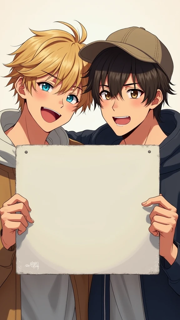 two beautiful and cute young man, 1 blond hair with blue eyes smiling, 1 dark brown hair with dark brown eyes sad, with cap, holding up a sign  , joyful, happy, anime illustration, photorealistic, oil painting