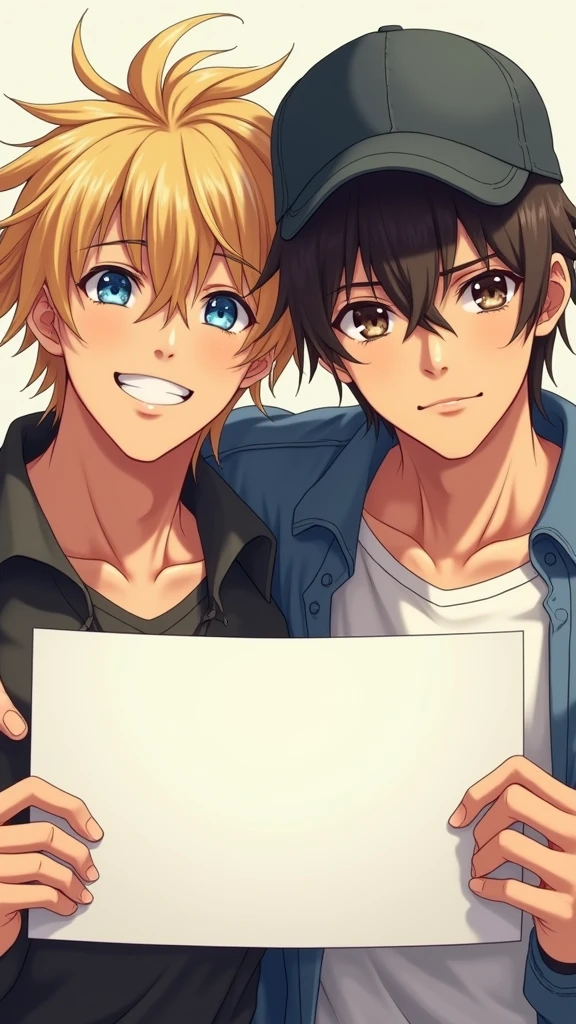 two beautiful and cute young man, 1 blond hair with blue eyes smiling, 1 dark brown hair with dark brown eyes sad, with cap, holding up a sign , joyful, happy, anime illustration, photorealistic, oil painting