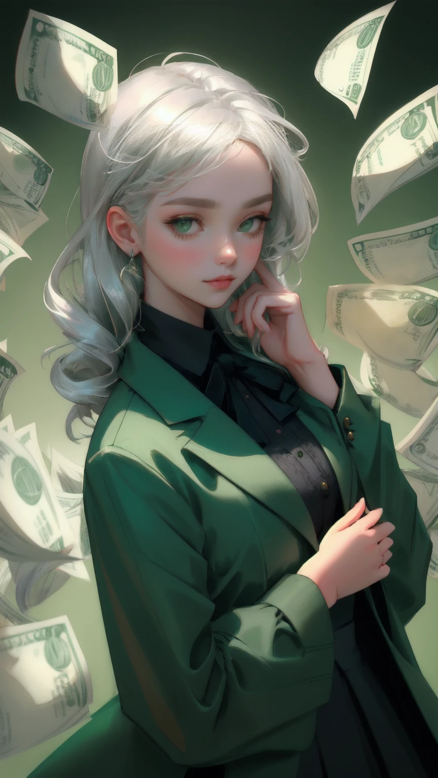 Create an image of a young woman with striking silver-white hair, styled in smooth, sweeping strands that elegantly frame her face. She is blindfolded with a dark green cloth, subtly lifting it with one hand to peek out. She is dressed in a rich green blazer over a lighter green shirt, adding depth and elegance to her outfit. In the background, numerous U.S. dollar bills float in a chaotic arrangement, all tinted in various shades of green to maintain a cohesive color theme. The backdrop is a deep green, subtly blurred to keep the focus on her mysterious and compelling expression