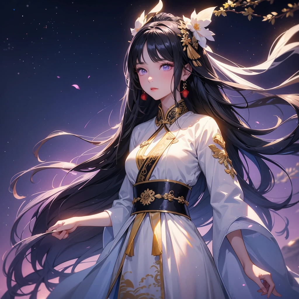 A beautiful girl with black long hair, wear white ancient chinese clothes, with the sun shining on her face.

Background is a dark moonless night, with dry trees in the background, and purple glowing light