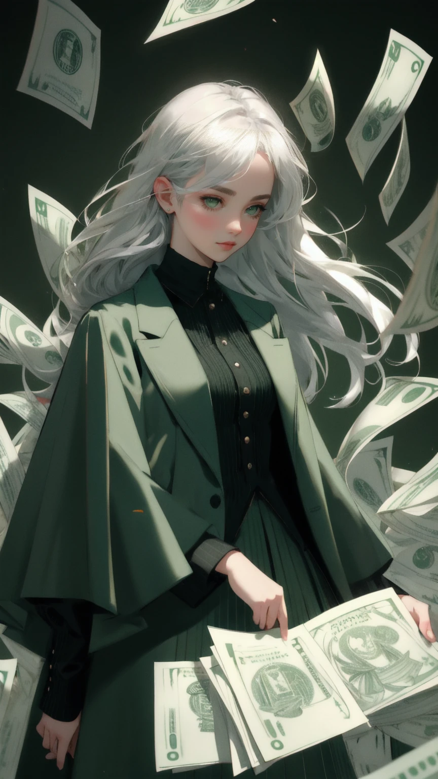 Create an image of a young woman with striking silver-white hair, styled in smooth, sweeping strands that elegantly frame her face. She is blindfolded with a dark green cloth, subtly lifting it with one hand to peek out. She is dressed in a rich green blazer over a lighter green shirt, adding depth and elegance to her outfit. In the background, numerous U.S. dollar bills float in a chaotic arrangement, all tinted in various shades of green to maintain a cohesive color theme. The backdrop is a deep green, subtly blurred to keep the focus on her mysterious and compelling expression