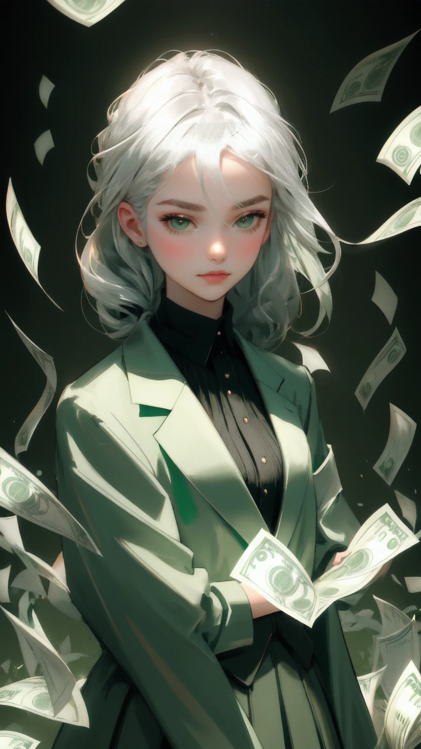 Create an image of a young woman with striking silver-white hair, styled in smooth, sweeping strands that elegantly frame her face. She is blindfolded with a dark green cloth, subtly lifting it with one hand to peek out. She is dressed in a rich green blazer over a lighter green shirt, adding depth and elegance to her outfit. In the background, numerous U.S. dollar bills float in a chaotic arrangement, all tinted in various shades of green to maintain a cohesive color theme. The backdrop is a deep green, subtly blurred to keep the focus on her mysterious and compelling expression