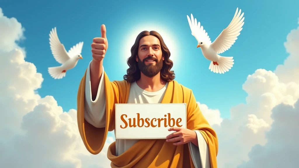 THUMBNAIL for youtube jesus giving a thumbs up with a sign saying subscribe with a background of blue sky and clouds and white doves