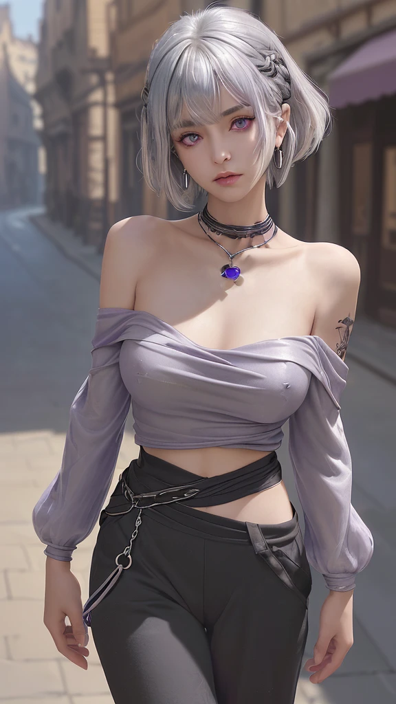 solo, High resolution, chest, Shortcuts, Silver Hair、Purple eyes, masterpiece, Bob Hair, Asymmetrical bangs, chest, Hoop Earrings, 8k octane, off-the-shoulder black shirt、Camel-tone Sabrina pants、Old Townscape、Tattoo on neck and shoulders、Walking briskly、high resolution
