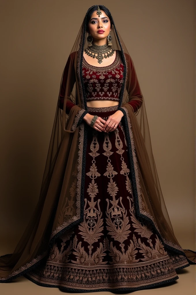 For a Muslim hijabi bride, imagine a deeply elegant and modest Indian bridal outfit in rich maroon, coffee brown, and black tones.
**Lehenga:**
- **Base Color:** A deep maroon color that exudes richness and luxury, perfect for a bride.
- **Embroidery:** The lehenga features intricate floral and geometric patterns embroidered in coffee brown and black threadwork, with subtle hints of gold zari to add a touch of opulence.
- **Fabric:** The lehenga is crafted from velvet, providing a luxurious texture and depth to the outfit. The fabric flows gracefully, adding a sense of grandeur to the bridal look.
**Choli:**
- **Design:** The choli is designed to be full-sleeved for modesty, with a high neckline adorned with coffee brown and black embroidery that complements the lehenga. The choli is fitted to give a structured and sophisticated silhouette.
- **Fabric:** Matching the lehenga, the choli is also made of velvet, ensuring a cohesive look.
**Dupatta:**
- **Color:** The dupatta is in a rich coffee brown shade, creating a beautiful contrast with the maroon lehenga.
- **Details:** It is crafted from a sheer fabric, such as net or chiffon, with a heavy border embroidered in black and gold threadwork. The edges of the dupatta are lined with delicate black lace, adding a refined touch.
- **Draping:** The dupatta is draped elegantly over the head, as a hijab, ensuring modesty while still allowing the intricate details to be visible.
**Jewelry:**
- **Necklace:** A statement necklace in antique gold, featuring deep maroon gemstones that match the lehenga. The design is intricate, yet not too flashy, maintaining a balance of elegance and modesty.
- **Earrings:** Small, studded earrings with maroon and black gemstones, complementing the necklace.
- **Maang Tikka:** A delicate maang tikka with a coffee brown gemstone, subtly peeking from beneath the hijab.
- **Bangles:** A set of slender bangles in black and gold, with intricate designs that match the embroidery on the lehenga.