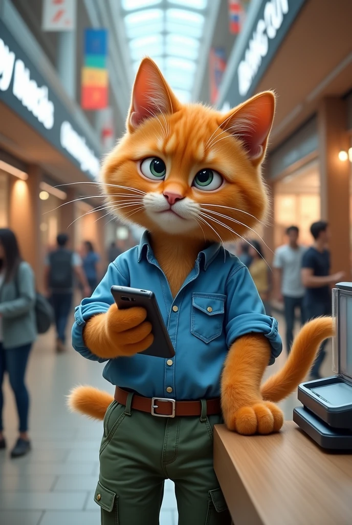 An orange cat wearing a blue shirt and green pants is paying for a Samsung S24 Ultra phone in a shopping mall.