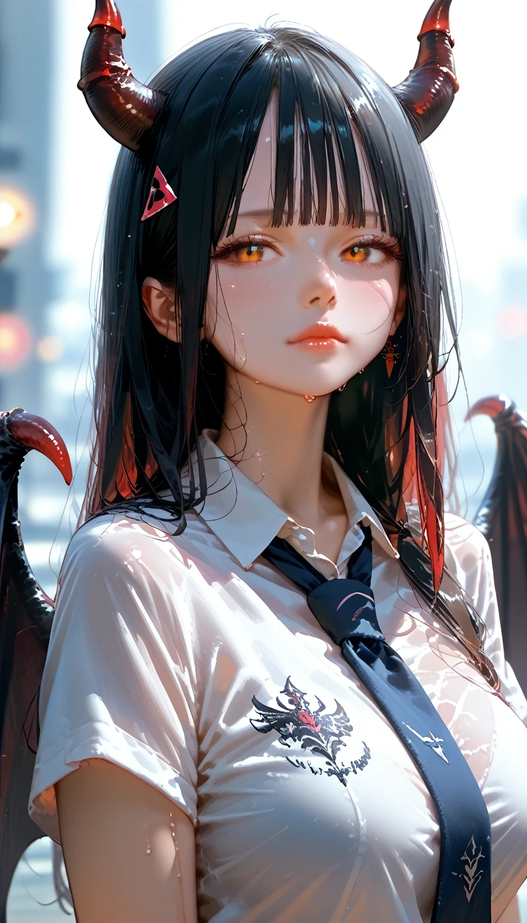 score_9, score_8_up,score_7_up,masterpiece, best quality, perfect anatomy, very aesthetic, official art, 8k,1girl,shiny skin ,gleaming skin,sweaty,seductive face,closed mouth,eyelashes,lips gloss,demon_girl,majestic wings,demon_wings,devil horns,huge_breasts,black long hair,blunt bangs,hairclip,school uniform, short sleeve shirt,arched back,standing ,night Tokyo,neon light