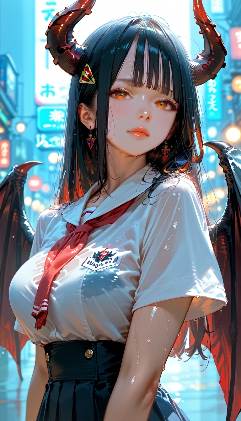 score_9, score_8_up,score_7_up,masterpiece, best quality, perfect anatomy, very aesthetic, official art, 8k,1girl,shiny skin ,gleaming skin,sweaty,seductive face,closed mouth,eyelashes,lips gloss,demon_girl,majestic wings,demon_wings,devil horns,huge_breasts,black long hair,blunt bangs,hairclip,school uniform, short sleeve shirt,arched back,standing ,night Tokyo,neon light