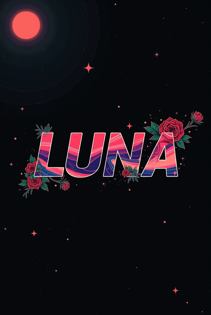 High resolution, logo spelling swiftly “Luna” cool, Jdm theme, anime theme, Cyberpunk vibe name spelling, brand logo, logo for tshirt, brand logo “LUNA”, neon vibes, acid trip vibes, acid trip, shooting stars, acid trip inside “LUNA”, acid trip, hallucinations inside “LUNA”, Waves of hallucinations, stars in the background, red strange moon, red roses with green leaves, blood moon,