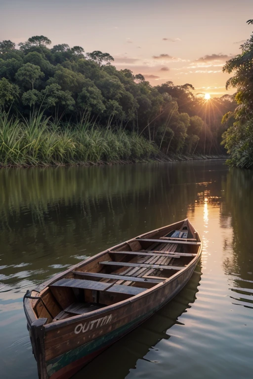 A regional boat from the Amazon, known as outboard motor, centering in the middle of the river facing the field of vision. In the background a beautiful sunset. Soft Amazonian vegetation all around. Use realistic advanced features.