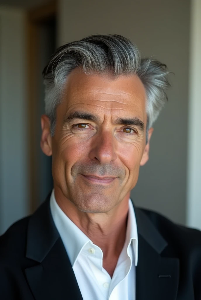 Portrait of handsome man 40 years old round face cinematic appearance、black hair、Brown jacket、White button-down shirt、kindly smile、Photography, Male perfection,  Black eyes, Hyper realistic, 8K - V 4、50-year-old dandy gentleman、Gentle eyes、Gray hair、Looking straight ahead at the camera、Gentle expression