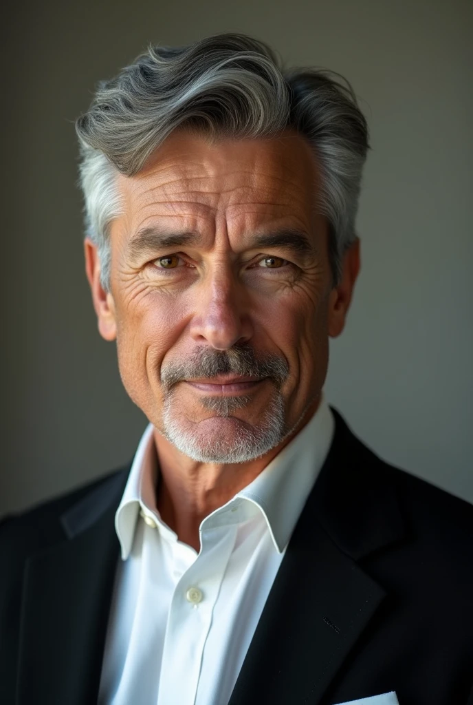 Portrait of handsome man 40 years old round face cinematic appearance、black hair、Brown jacket、White button-down shirt、kindly smile、Photography, Male perfection, Black eyes, Hyper realistic, 8K - V 4、50-year-old dandy gentleman、Gentle eyes、Gray hair、Looking straight ahead at the camera、Gentle expression