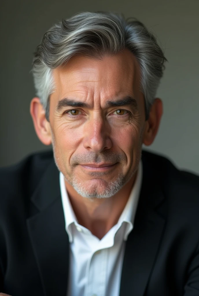 Portrait of handsome man 40 years old round face cinematic appearance、black hair、Brown jacket、White button-down shirt、kindly smile、Photography, Male perfection,  Black eyes, Hyper realistic, 8K - V 4、50-year-old dandy gentleman、Gentle eyes、Gray hair、Looking straight ahead at the camera、Gentle expression