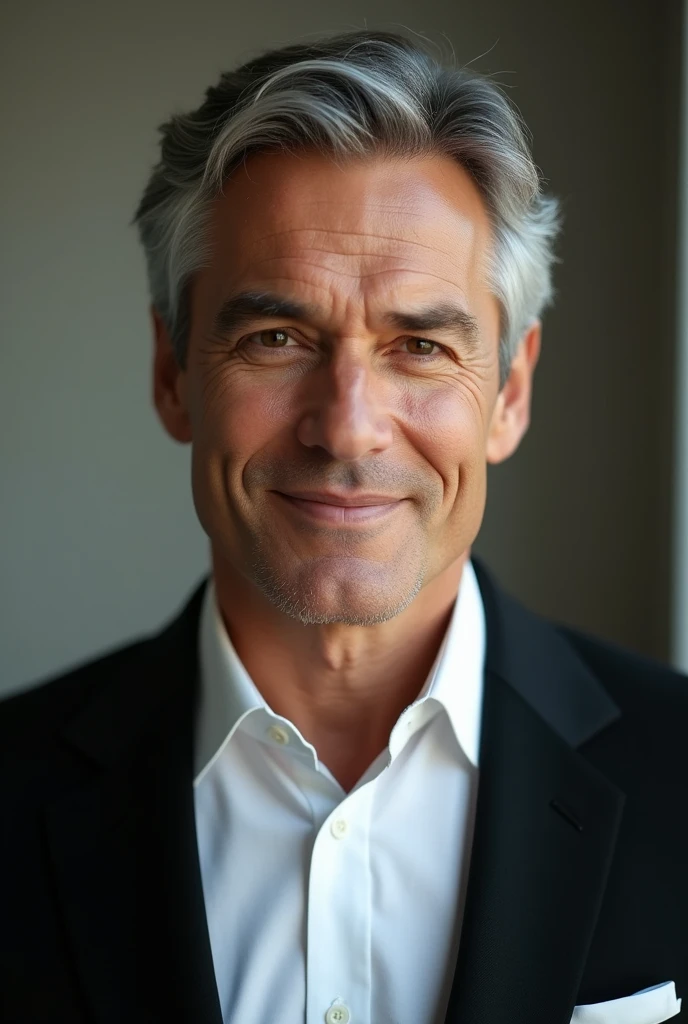 Portrait of handsome man 40 years old round face cinematic appearance、black hair、Brown jacket、White button-down shirt、kindly smile、Photography, Male perfection, Black eyes, Hyper realistic, 8K - V 4、50-year-old dandy gentleman、Gentle eyes、Gray hair、Looking straight ahead at the camera、Gentle expression
