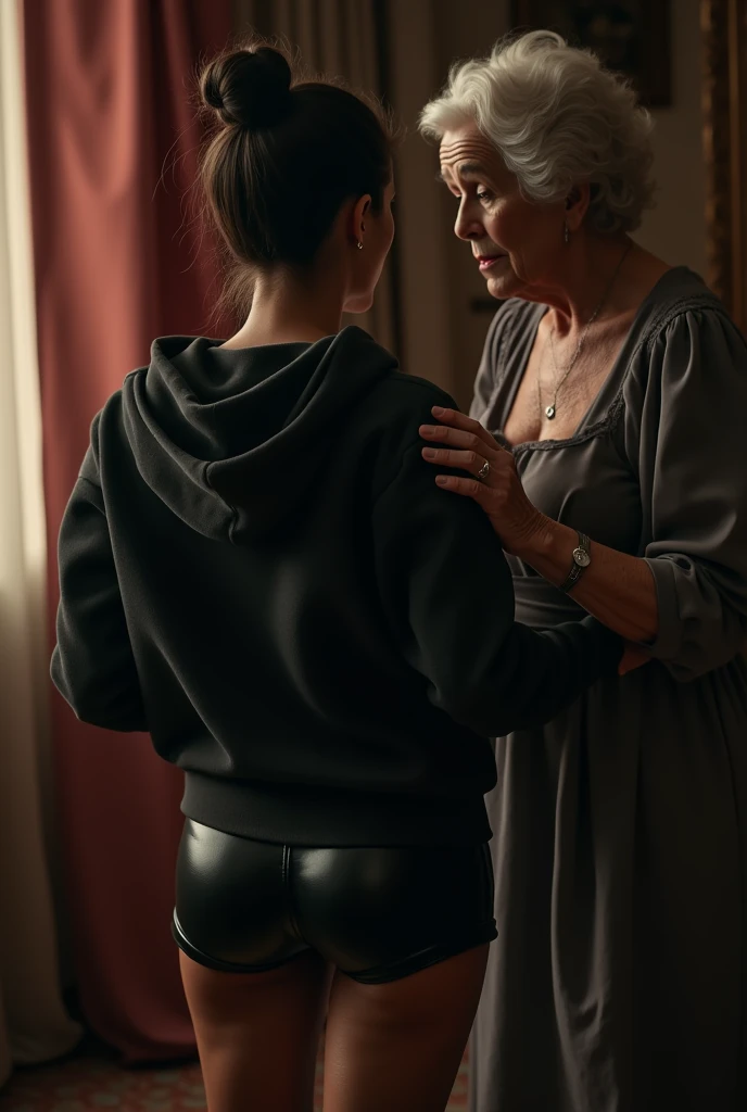 a black woman with her hair in a bun, wearing a black hoodie and black leather short shorts, being fucked in the ass by an old grandma wearing a dress, detailed anatomy, high quality, photorealistic, 8k, HDR, volumetric lighting, chiaroscuro lighting, dramatic shadows, cinematic composition, intricate details, exquisite textures, lifelike skin, masterpiece
