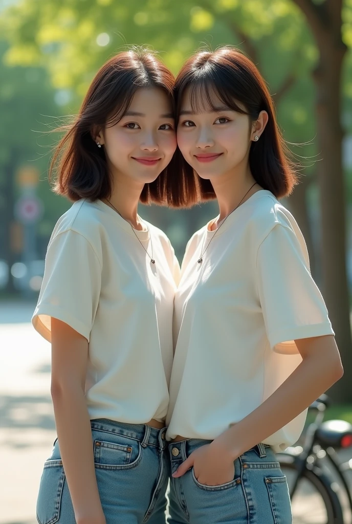 Photorealistic full-body portrait of a fabulous, film grain, Highest quality, Ultra-high resolution, Twin Japanese women with arms around each other's shoulders, 25years old, Height: 165 cm, slim, big smile, full body,long face, fashion model posing,Looking at each other, short hair, brown hair, shy smile, flirty, oversized t-shirt, jeans, necklace, in the small park, bike