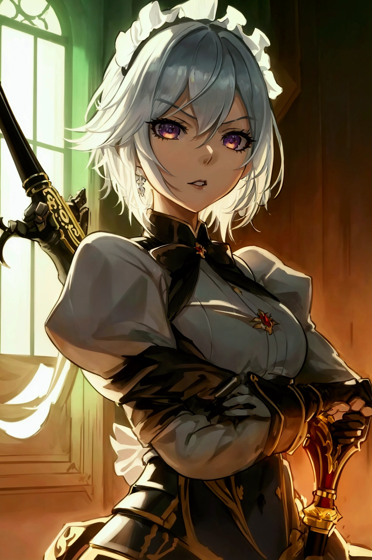 one girl, dynamic pose, extremely detailed, simple colors, holding weapon, battle maid, beautiful, anime style, psychopath like theme, short white hair, full body, intricate details, dramatic lighting, cinematic composition, high contrast, vibrant colors, chiaroscuro, digital art, concept art, masterpiece, , HDR,, detaled outfit, show full body, genshin style,